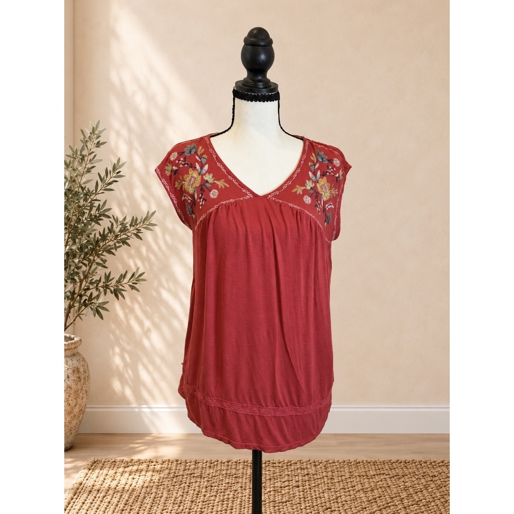 Knox Rose Women Red Embroidered Boho V-Neck Blouse Top Size M